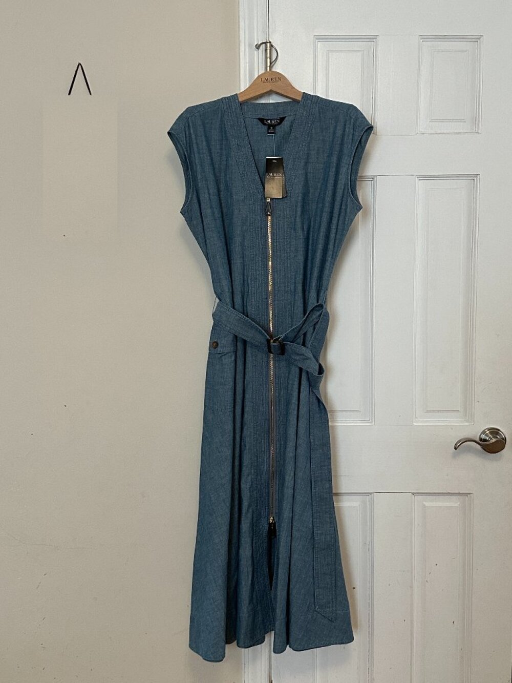 Sleeveless Blue Zip-Front Belted Dress